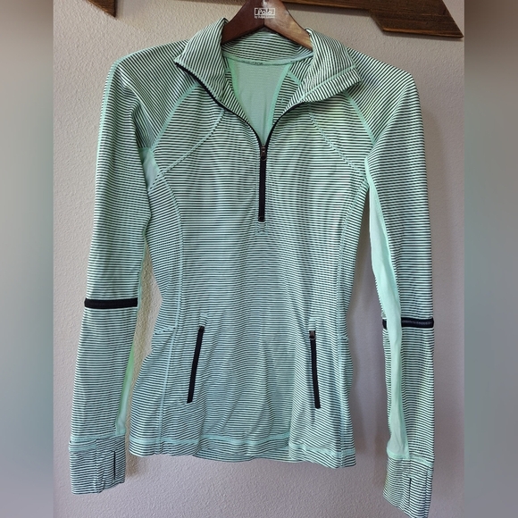 Lululemon Race For Grace Womens Green/Black Striped Pullover 1/4 Zip Size 6 - Picture 1 of 8